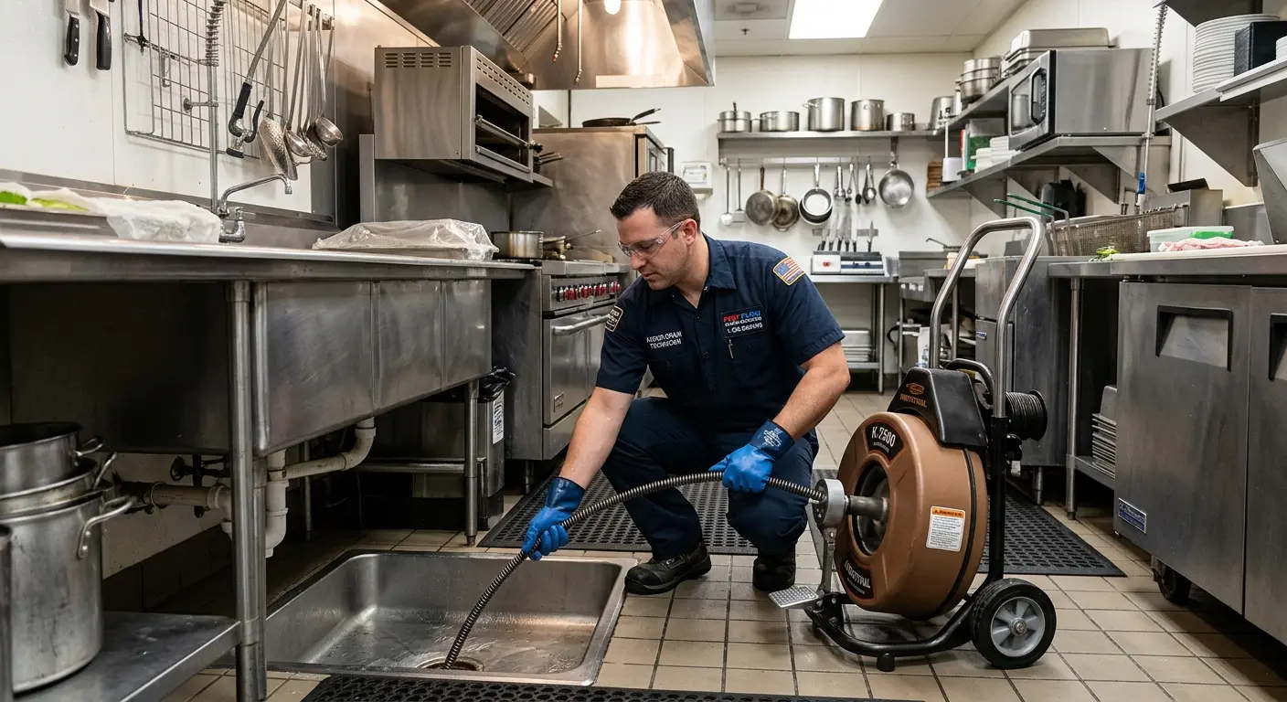 Commercial drain cleaning service in a restaurant kitchen in Bellevue